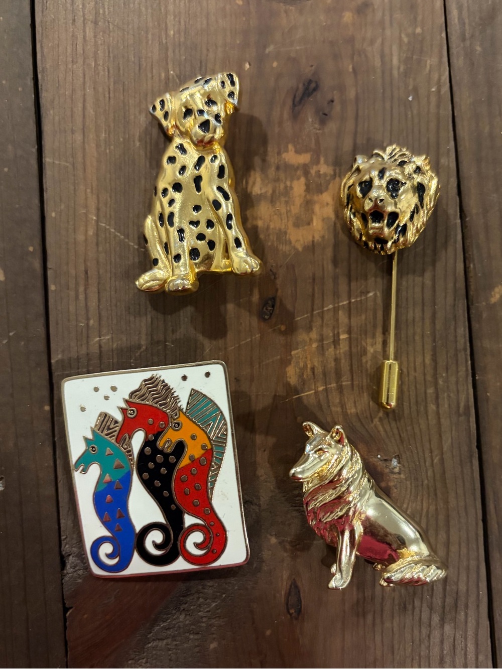 Vintage Gold Animal Brooch Lot - Dog, Lion, Collie & Seahorse Panel